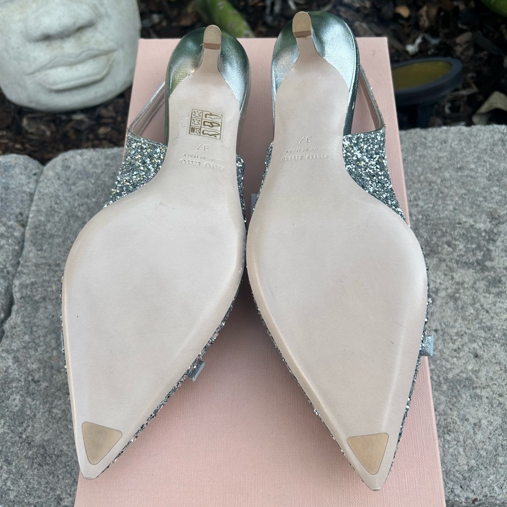 Miu Miu Slingback Silver Glitter Heels Size 37 - Picture 4 of 9